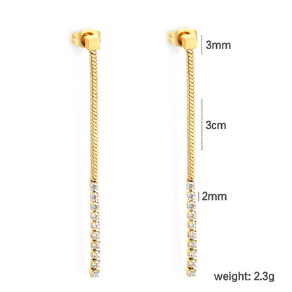 Linear Flat Snake Chain CZ Bar Drop Dangle Earrings Waterproof Gold Stainless Steel