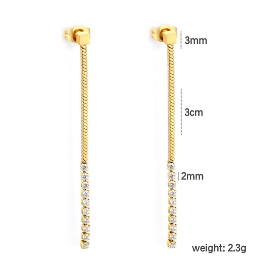 Linear Flat Snake Chain CZ Bar Drop Dangle Earrings Waterproof Gold Stainless Steel