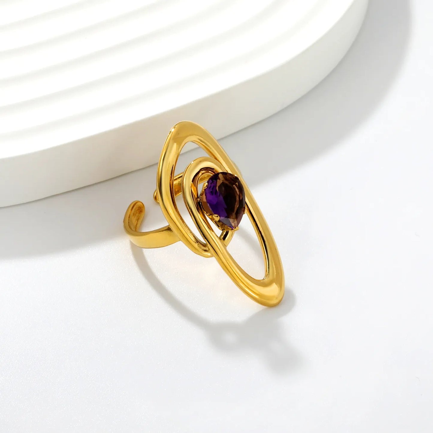 Abstract Sculptural Swirl Teardrop Purple Amethyst Quartz Open Ring