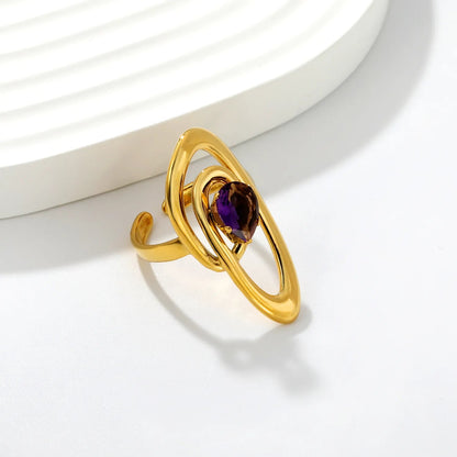 Abstract Sculptural Swirl Teardrop Purple Amethyst Quartz Open Ring