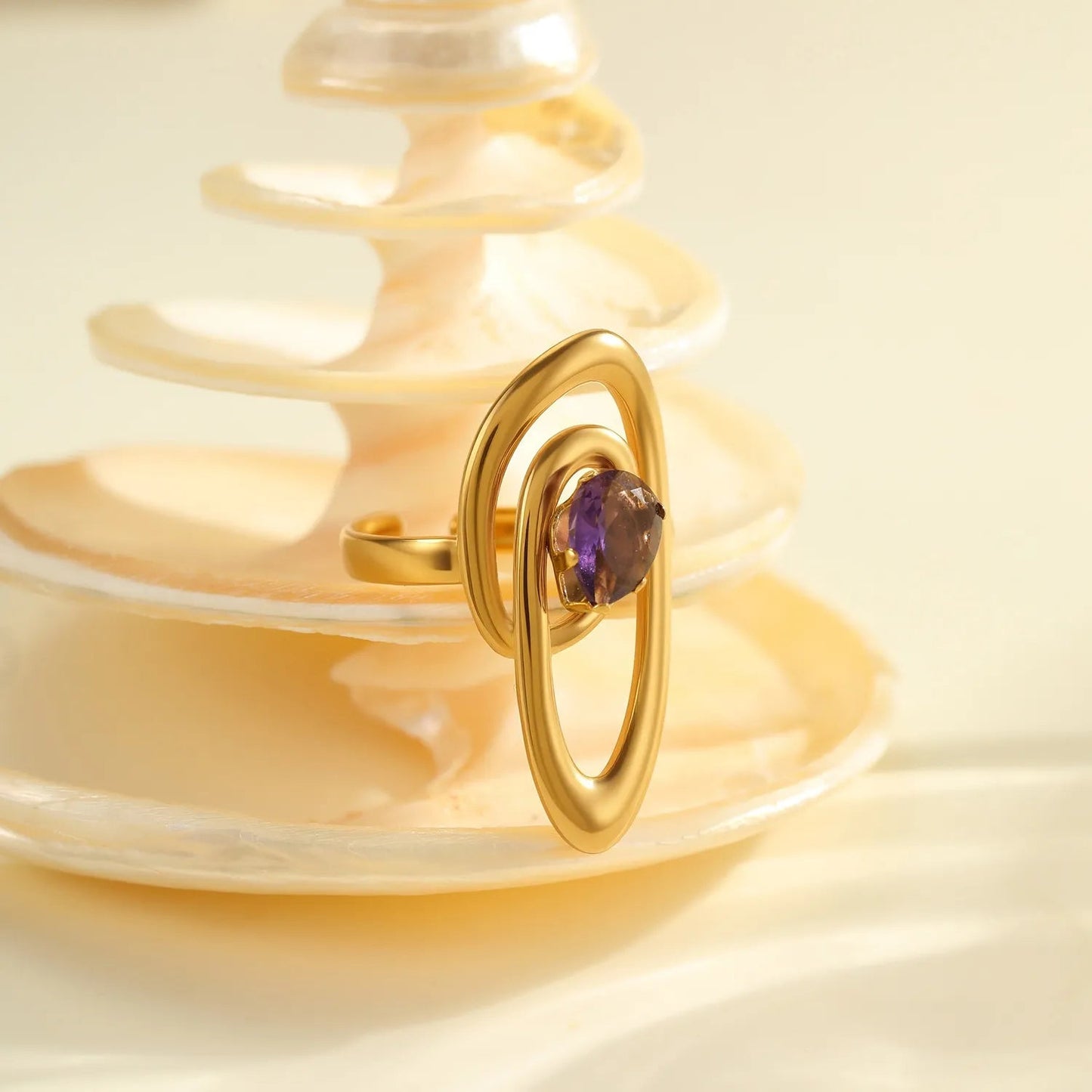Abstract Sculptural Swirl Teardrop Purple Amethyst Quartz Open Ring