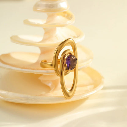 Abstract Sculptural Swirl Teardrop Purple Amethyst Quartz Open Ring