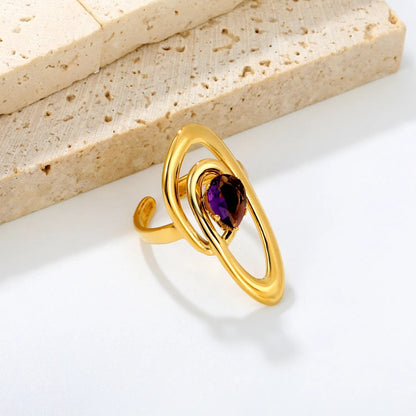 Abstract Sculptural Swirl Teardrop Purple Amethyst Quartz Open Ring