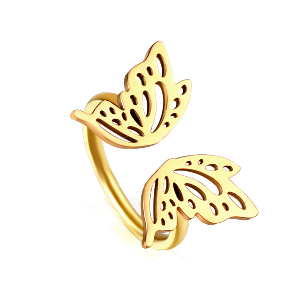 stainless steel gold dual butterfly ring openwork wings white background wholesale
