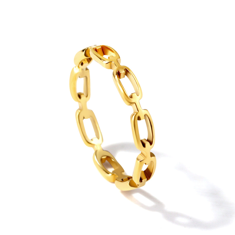 stainless steel gold oval link chain ring textured details white background wholesale