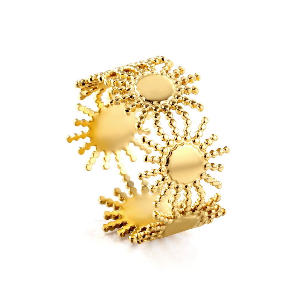 stainless steel gold sunburst cluster ring radiant design white background wholesale