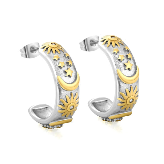 Bulk PVD Gold & Silver Sculpted Celestial Moon & Star C-Shape Earrings