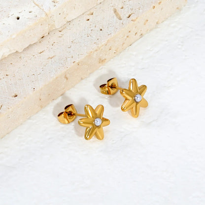 Sweet Starburst Burst Frame Embedded Round Warm Pearl Stud Earrings Romantic