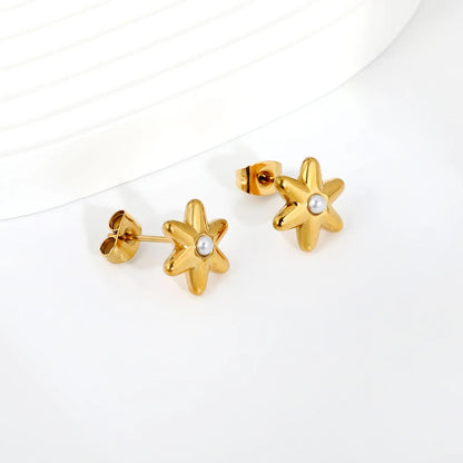 Sweet Starburst Burst Frame Embedded Round Warm Pearl Stud Earrings Romantic