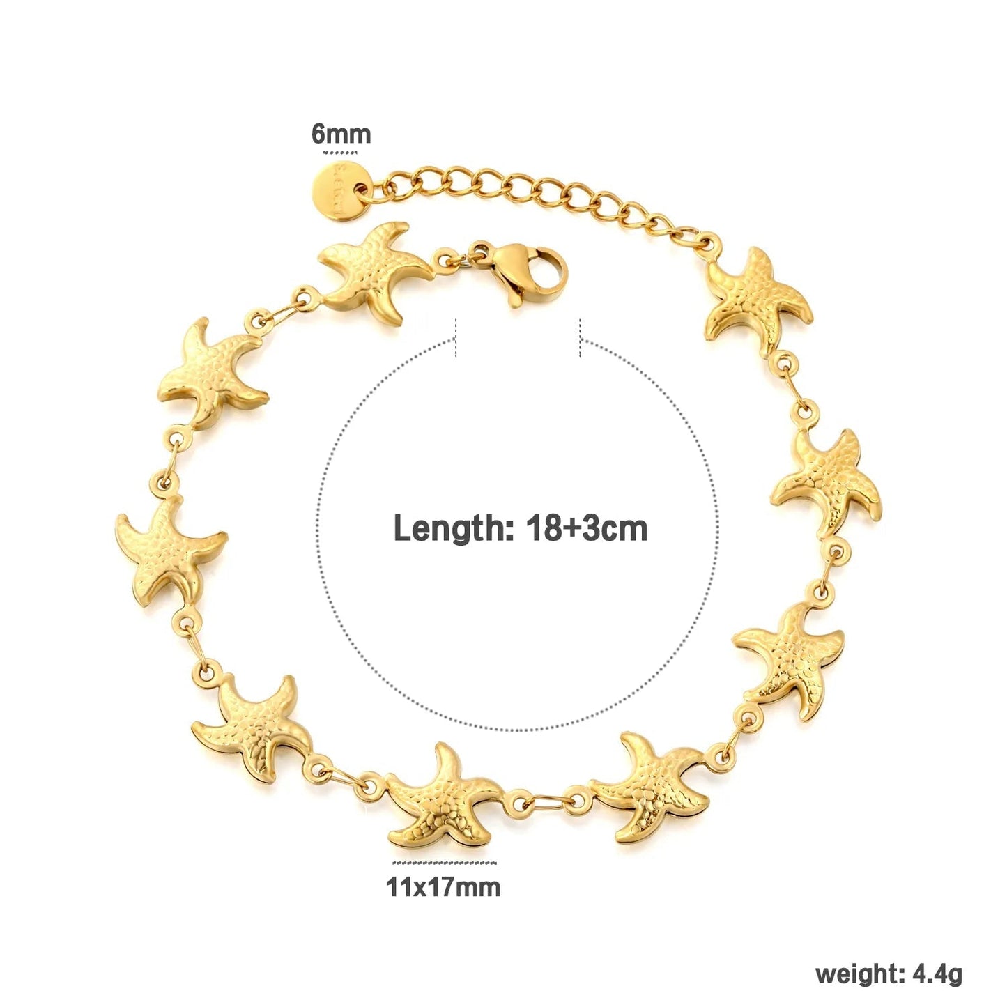 Summer Beach Hammered Starfish Charm Bracelet 304L Stainless Steel