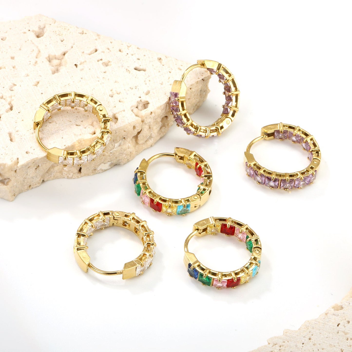 Bulk baguette cut cubic zirconia hoop earrings 304L steel