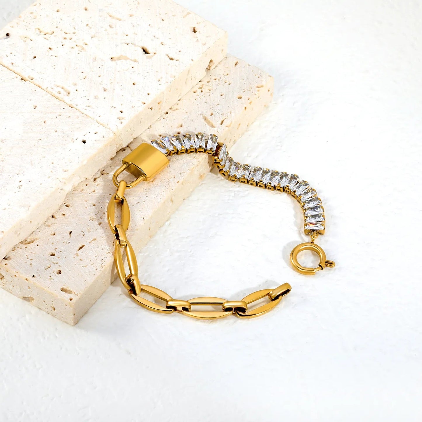 Bulk half baguette cut CZ tennis half paperclip bracelets 304L