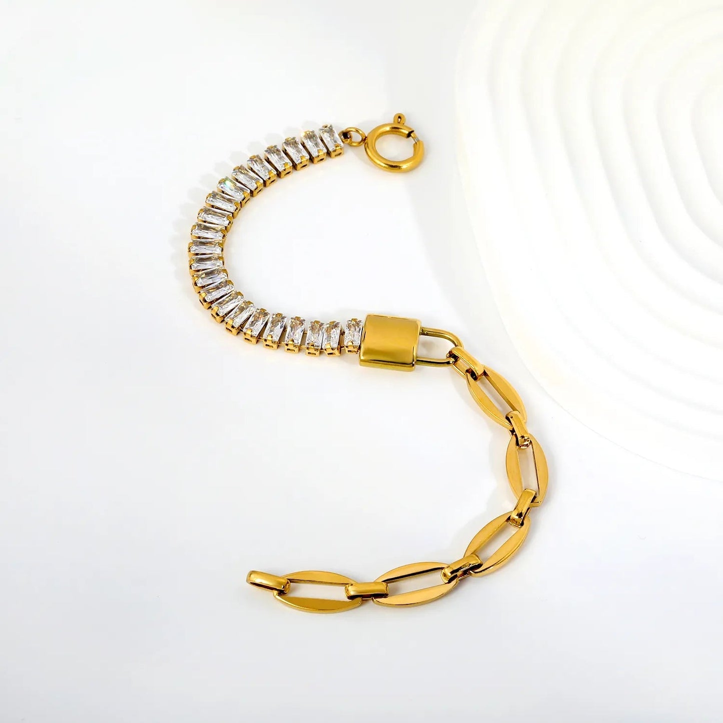 Bulk half baguette cut CZ tennis half paperclip bracelets 304L