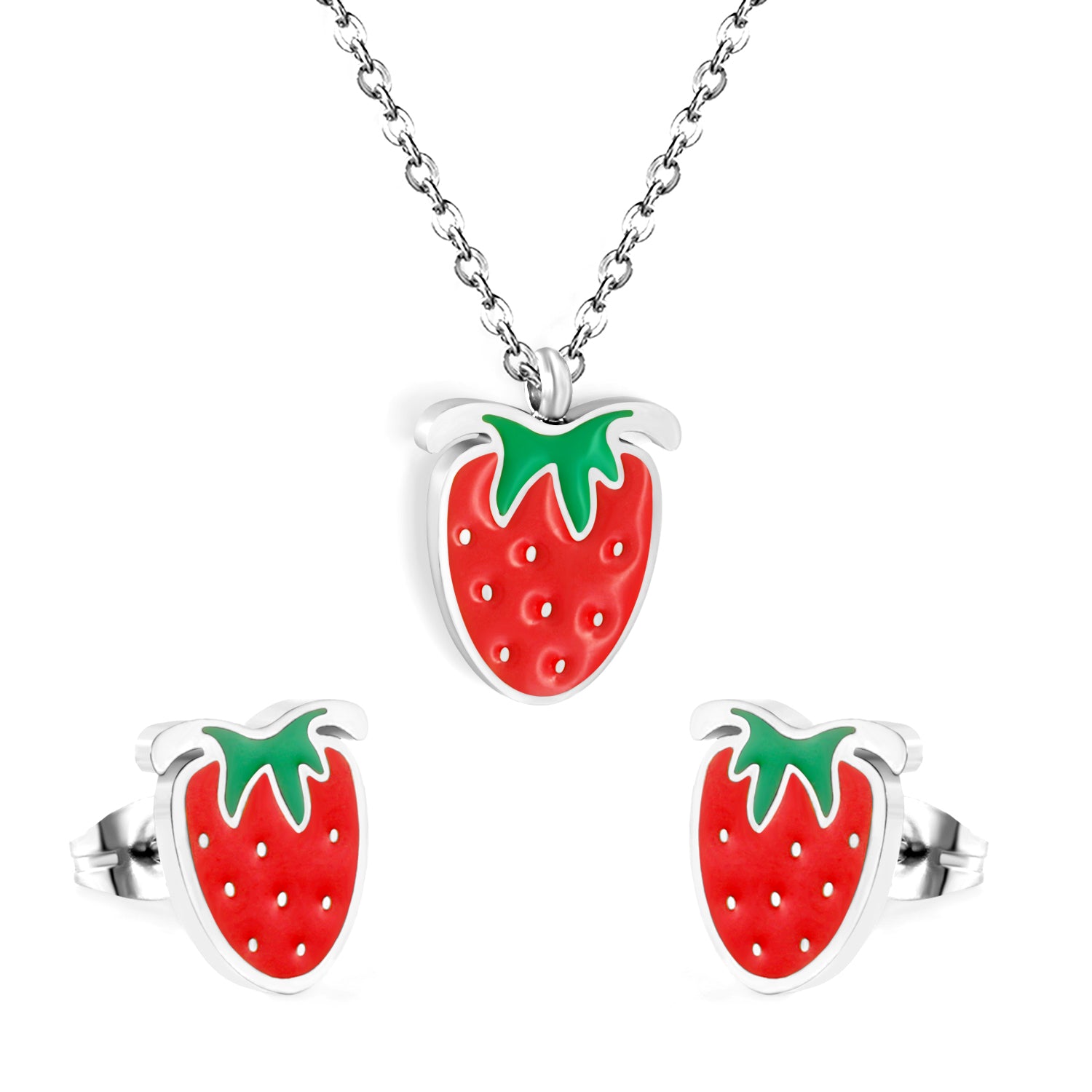 strawberry enamel jewelry set-steel