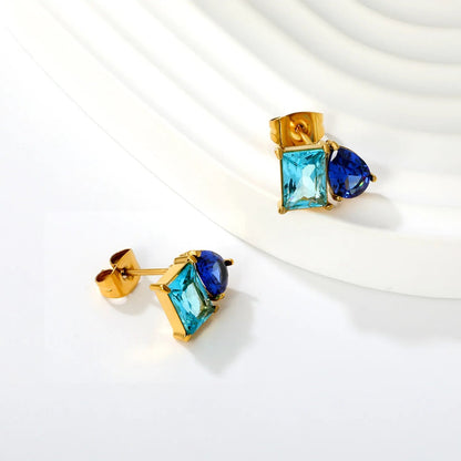 Colorblock Two Stone CZ Stud Earrings Mint Blue Emerald Cut Deep Teal Pear Drop Gold Earrings