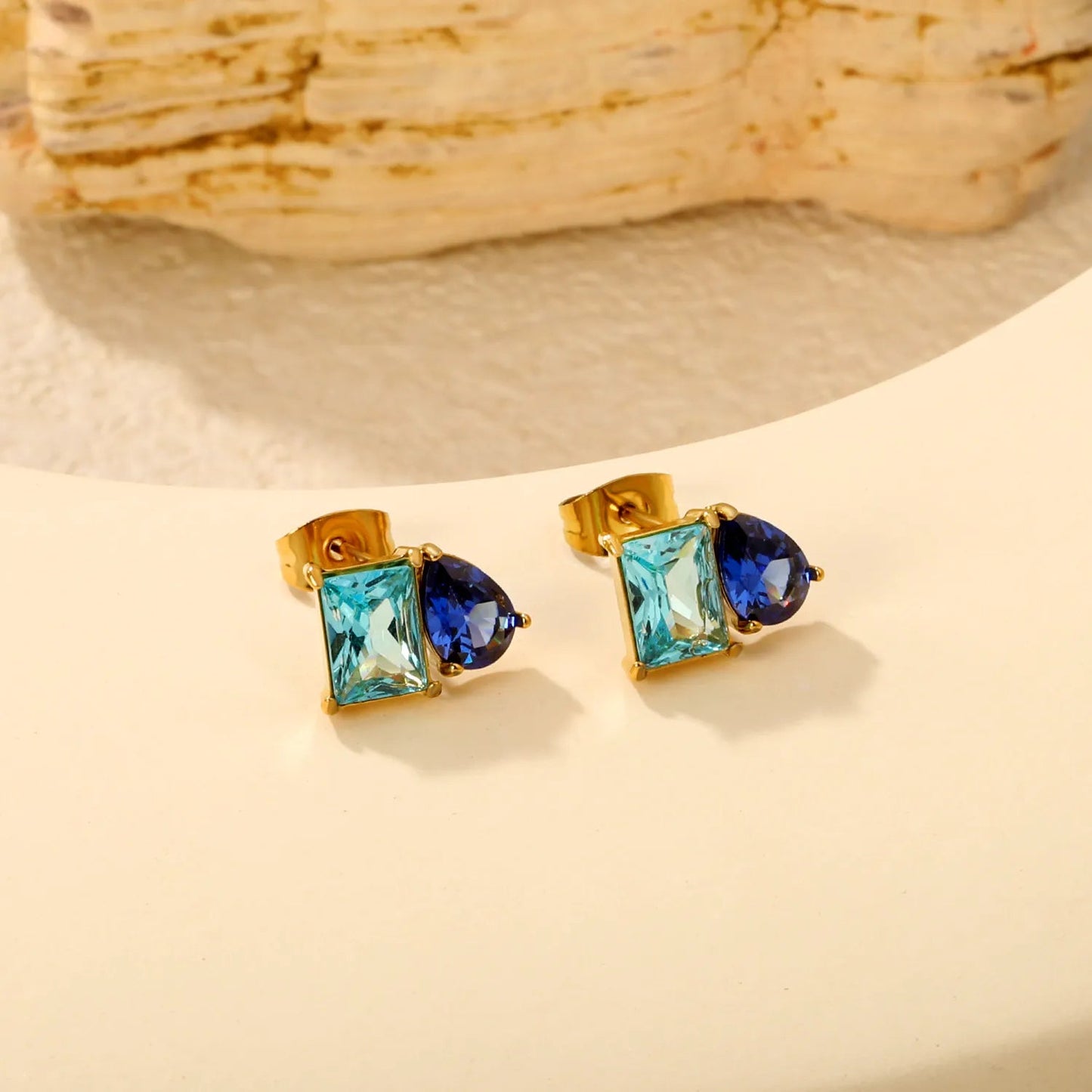 Colorblock Two Stone CZ Stud Earrings Mint Blue Emerald Cut Deep Teal Pear Drop Gold Earrings