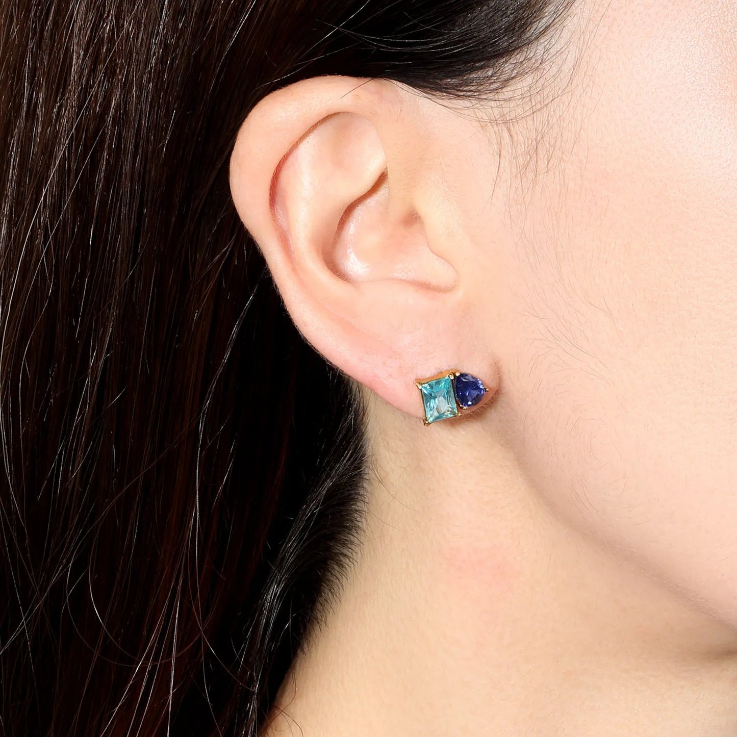 Colorblock Two Stone CZ Stud Earrings Mint Blue Emerald Cut Deep Teal Pear Drop Gold Earrings