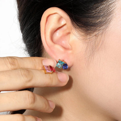 Colorblock Two Stone CZ Stud Earrings Mint Blue Emerald Cut Deep Teal Pear Drop Gold Earrings