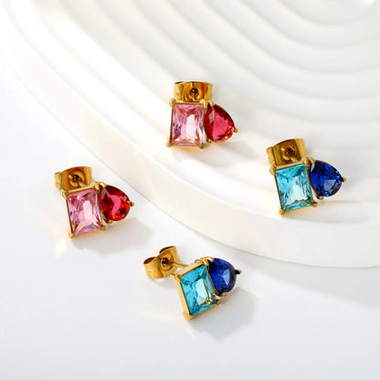 Colorblock Two Stone CZ Stud Earrings Mint Blue Emerald Cut Deep Teal Pear Drop Gold Earrings