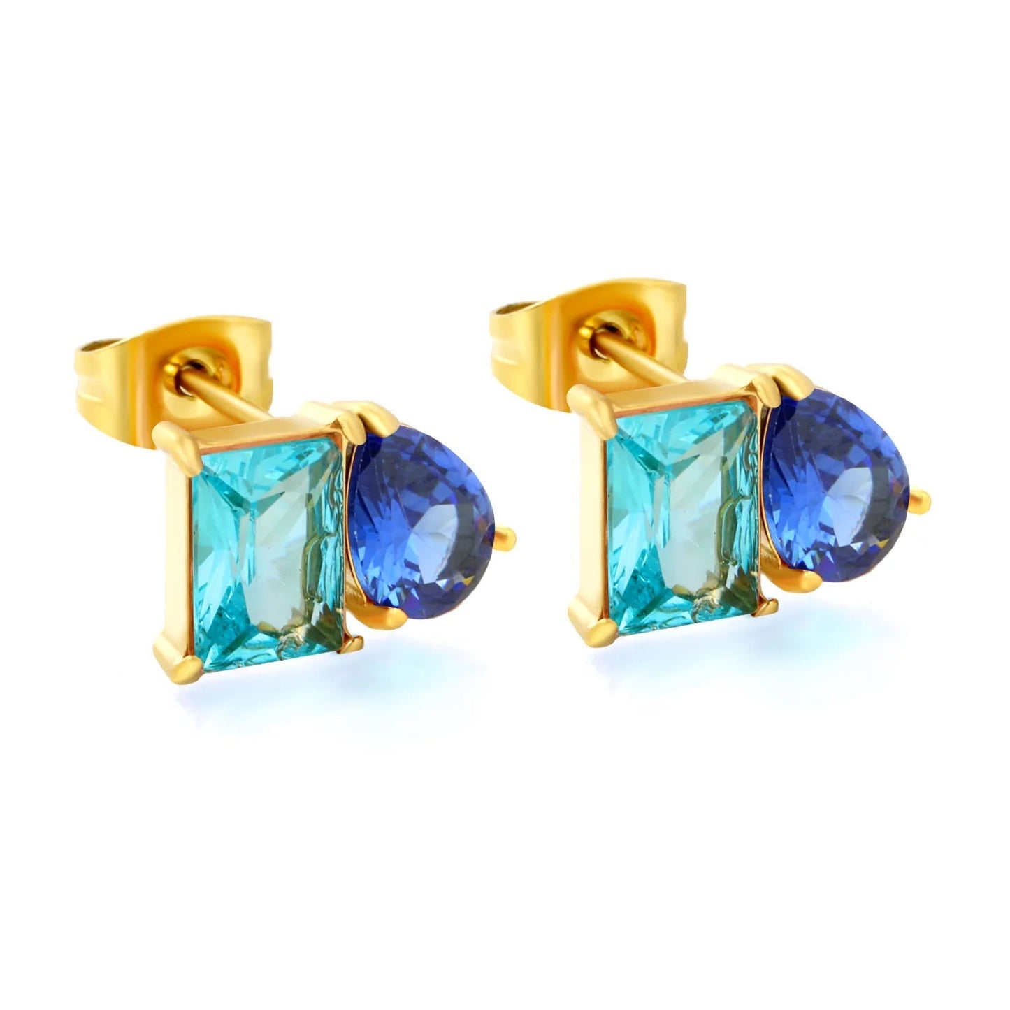 Colorblock Two Stone CZ Stud Earrings Mint Blue Emerald Cut Deep Teal Pear Drop Gold Earrings
