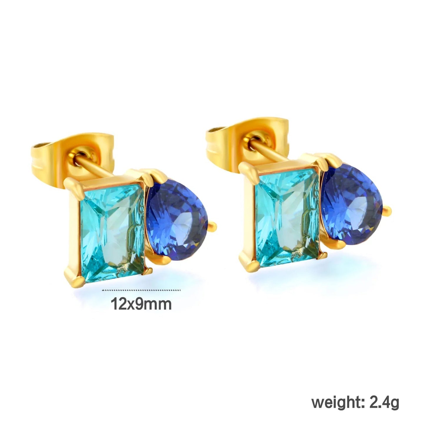 Colorblock Two Stone CZ Stud Earrings Mint Blue Emerald Cut Deep Teal Pear Drop Gold Earrings