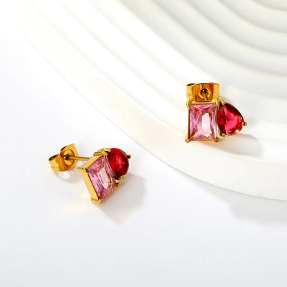 Colorblock Two Stone CZ Stud Earrings Mint Blue Emerald Cut Deep Teal Pear Drop Gold Earrings