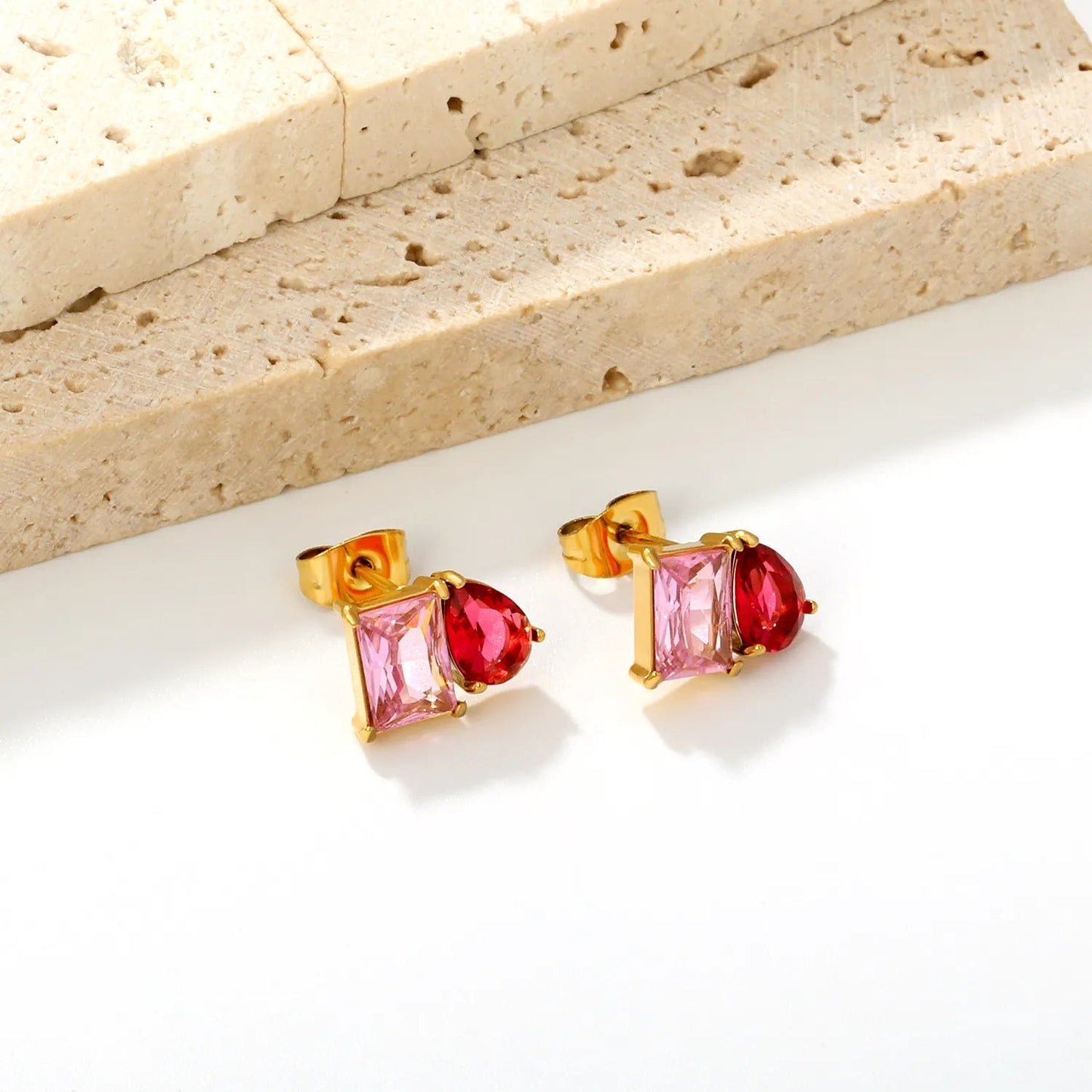 Colorblock Two Stone CZ Stud Earrings Mint Blue Emerald Cut Deep Teal Pear Drop Gold Earrings