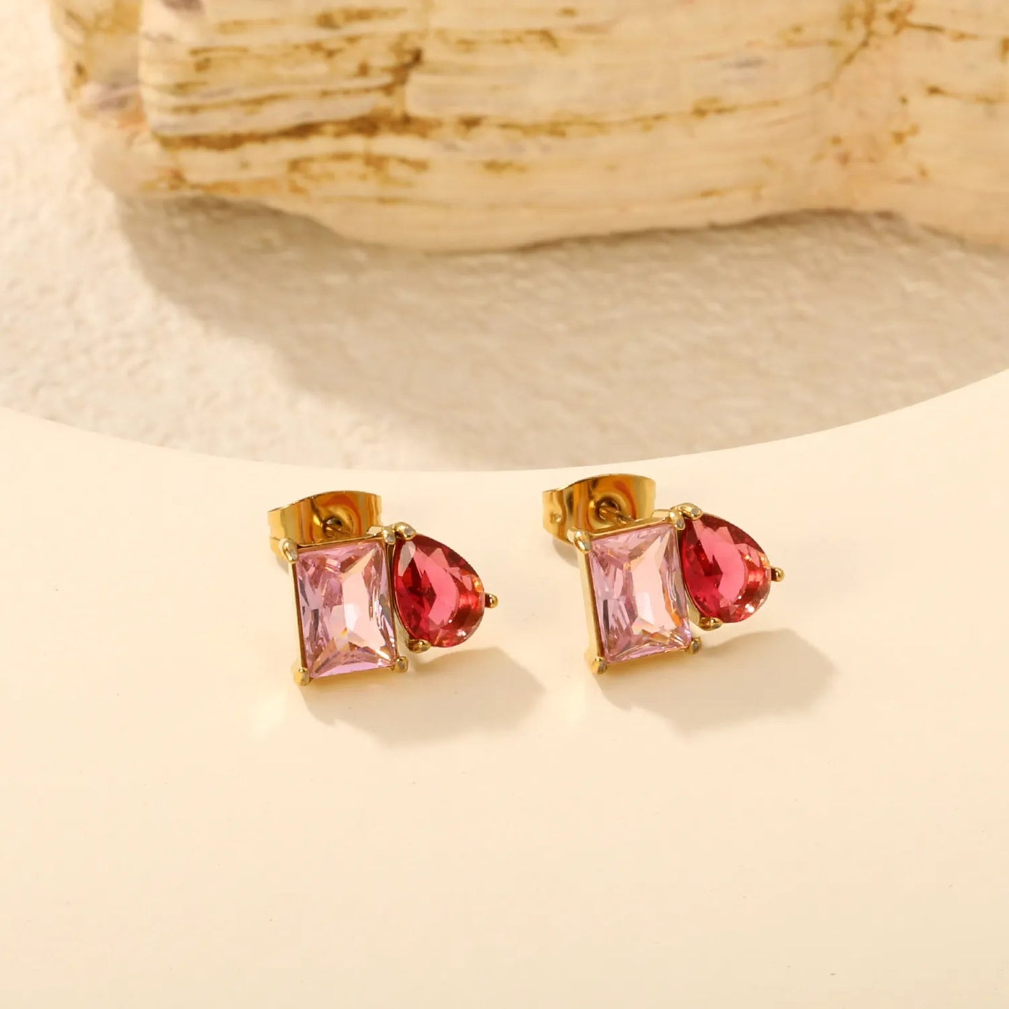 Colorblock Two Stone CZ Stud Earrings Mint Blue Emerald Cut Deep Teal Pear Drop Gold Earrings