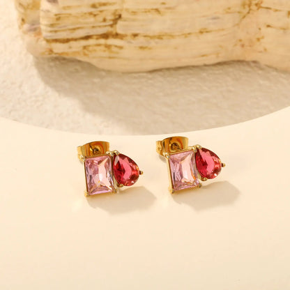 Colorblock Two Stone CZ Stud Earrings Mint Blue Emerald Cut Deep Teal Pear Drop Gold Earrings