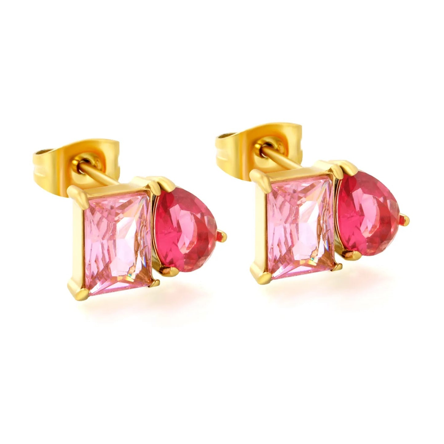 Colorblock Two Stone CZ Stud Earrings Mint Blue Emerald Cut Deep Teal Pear Drop Gold Earrings