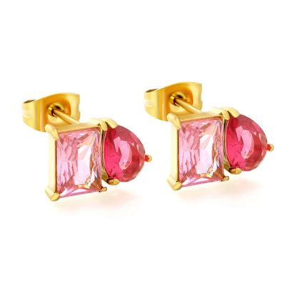 Colorblock Two Stone CZ Stud Earrings Mint Blue Emerald Cut Deep Teal Pear Drop Gold Earrings