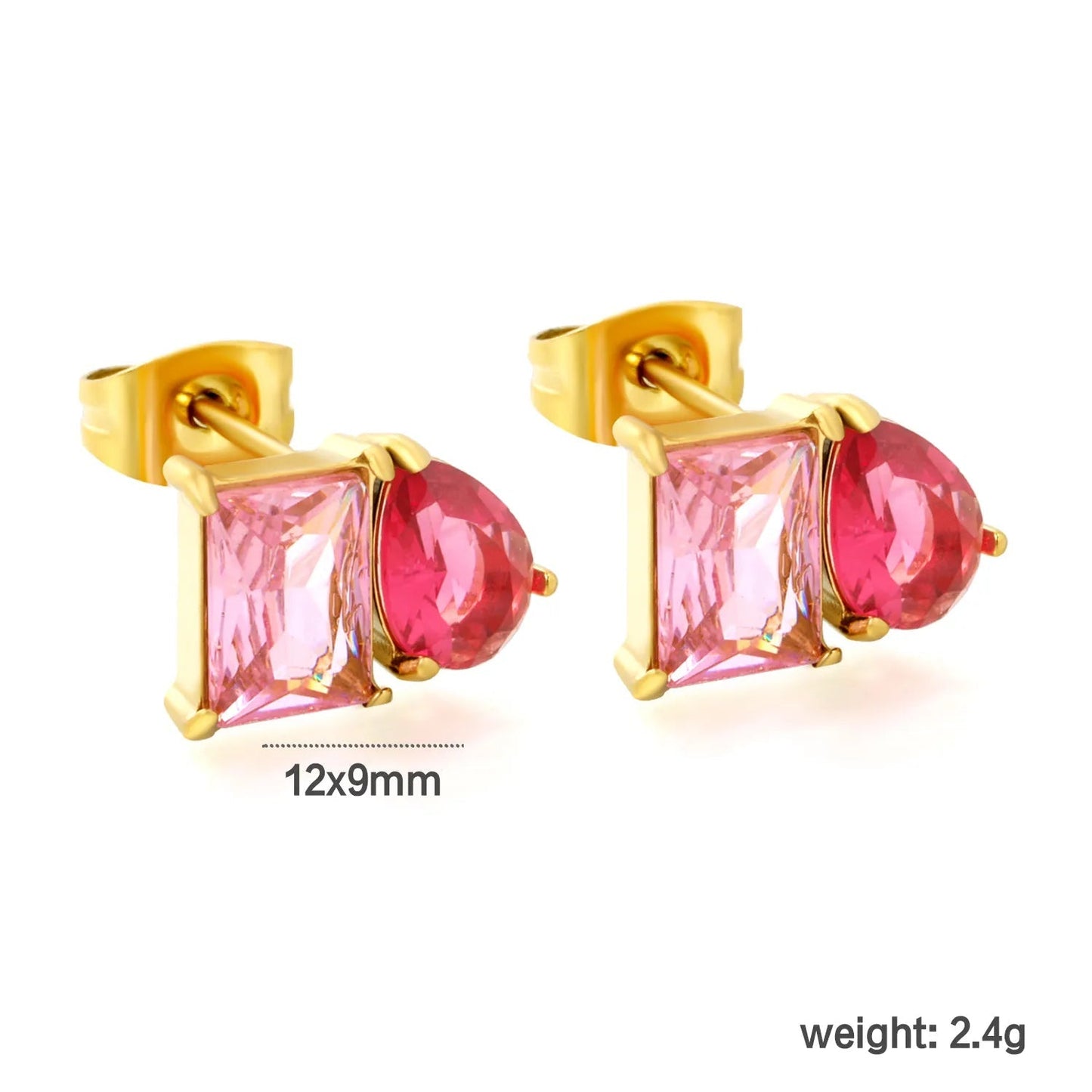 Colorblock Two Stone CZ Stud Earrings Mint Blue Emerald Cut Deep Teal Pear Drop Gold Earrings