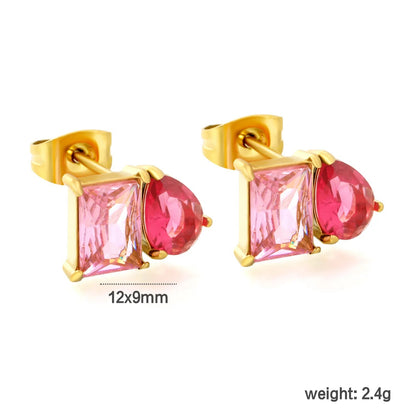 Colorblock Two Stone CZ Stud Earrings Mint Blue Emerald Cut Deep Teal Pear Drop Gold Earrings