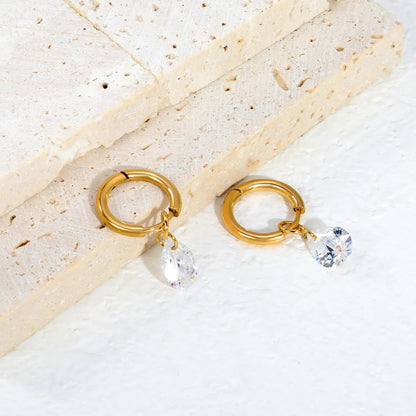 Elegant Dainty Clear Pear Cut Diamond Charm Dangle Small Hoop Earrings