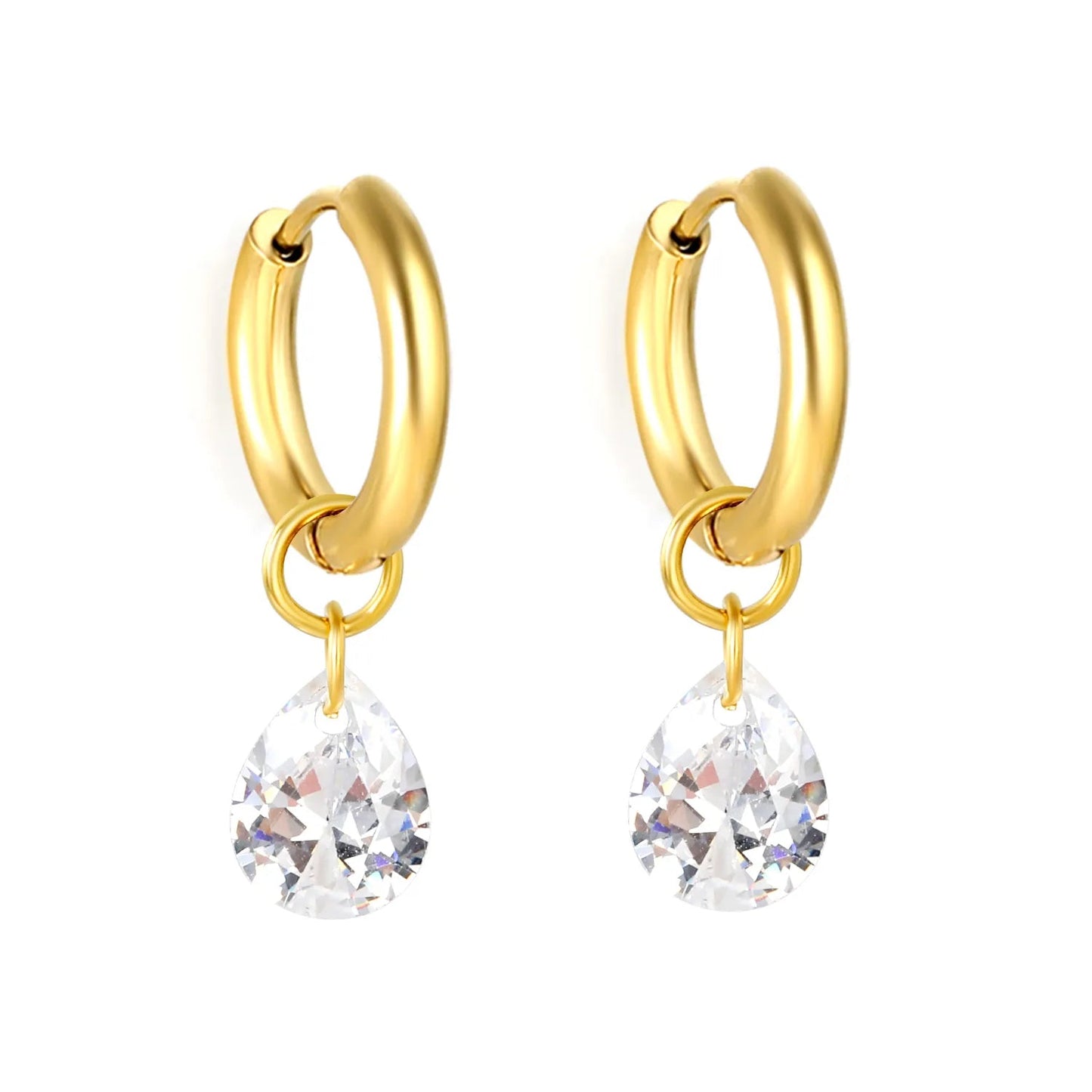 Elegant Dainty Clear Pear Cut Diamond Charm Dangle Small Hoop Earrings