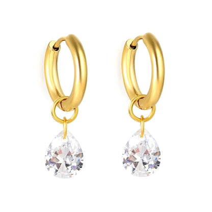 Elegant Dainty Clear Pear Cut Diamond Charm Dangle Small Hoop Earrings