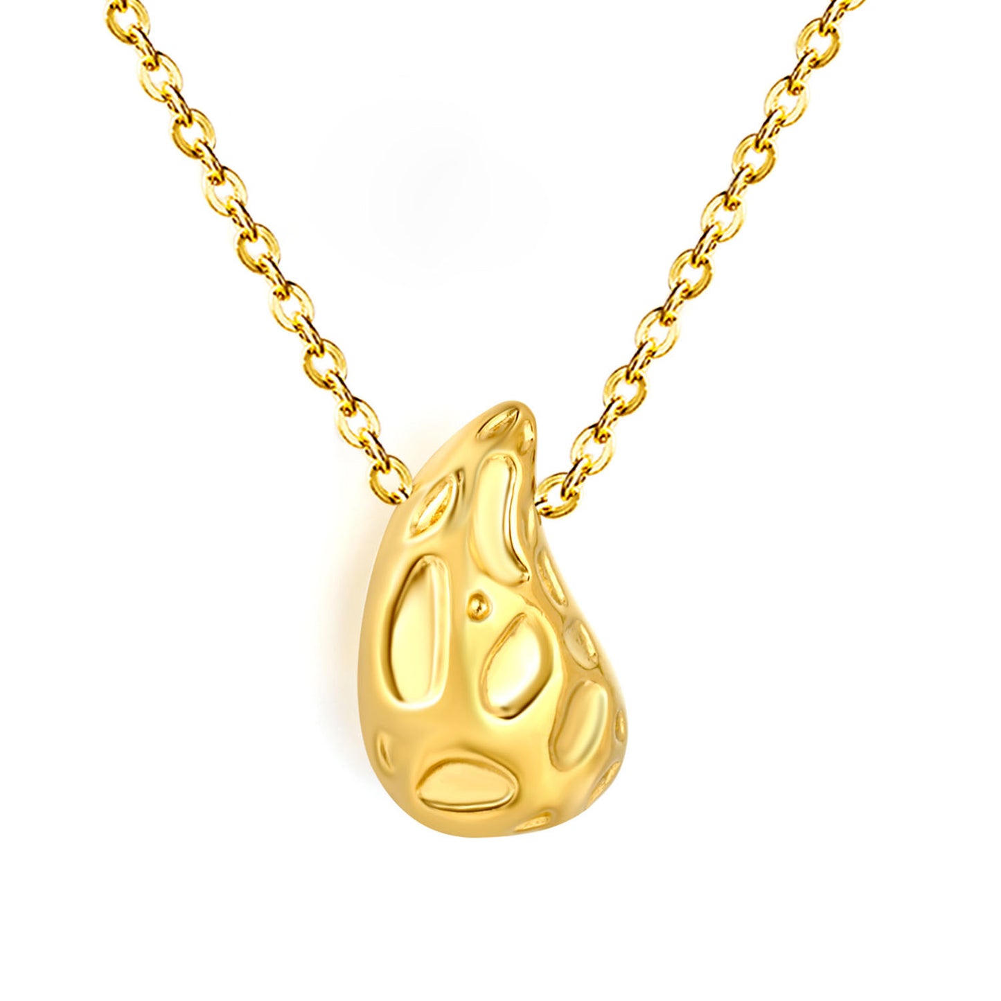 Abstract Hammered Teardrop Pendant Fine Cable Chain Necklace Gold