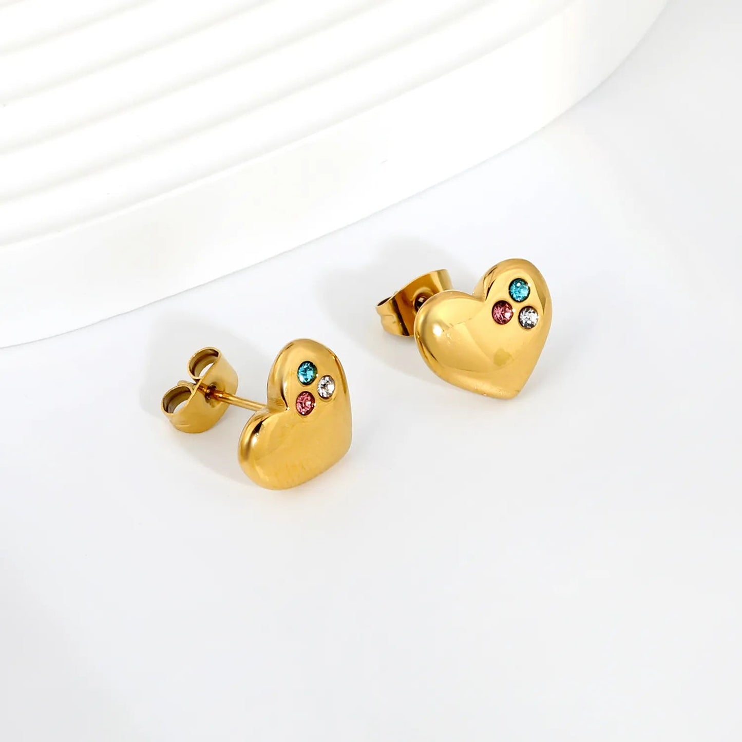 Multi Color Three Zircon Cluster Heart Stud Earrings Stainless Steel