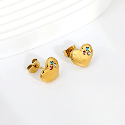 Multi Color Three Zircon Cluster Heart Stud Earrings Stainless Steel