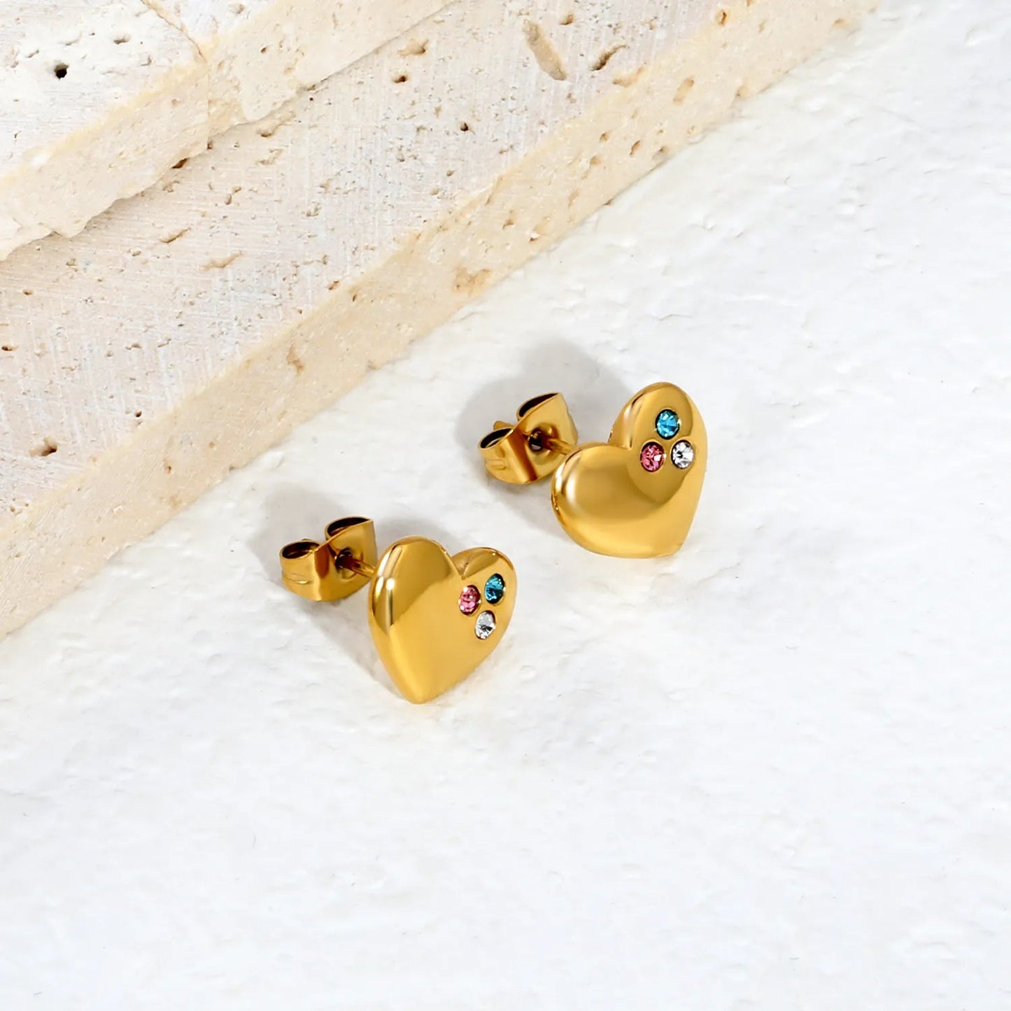 Multi Color Three Zircon Cluster Heart Stud Earrings Stainless Steel