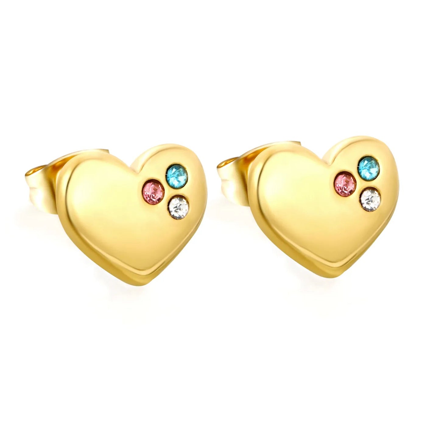 Multi Color Three Zircon Cluster Heart Stud Earrings Stainless Steel