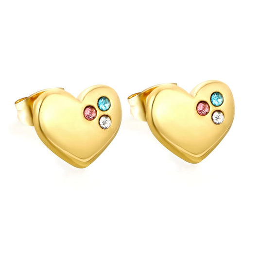 Multi Color Three Zircon Cluster Heart Stud Earrings Stainless Steel