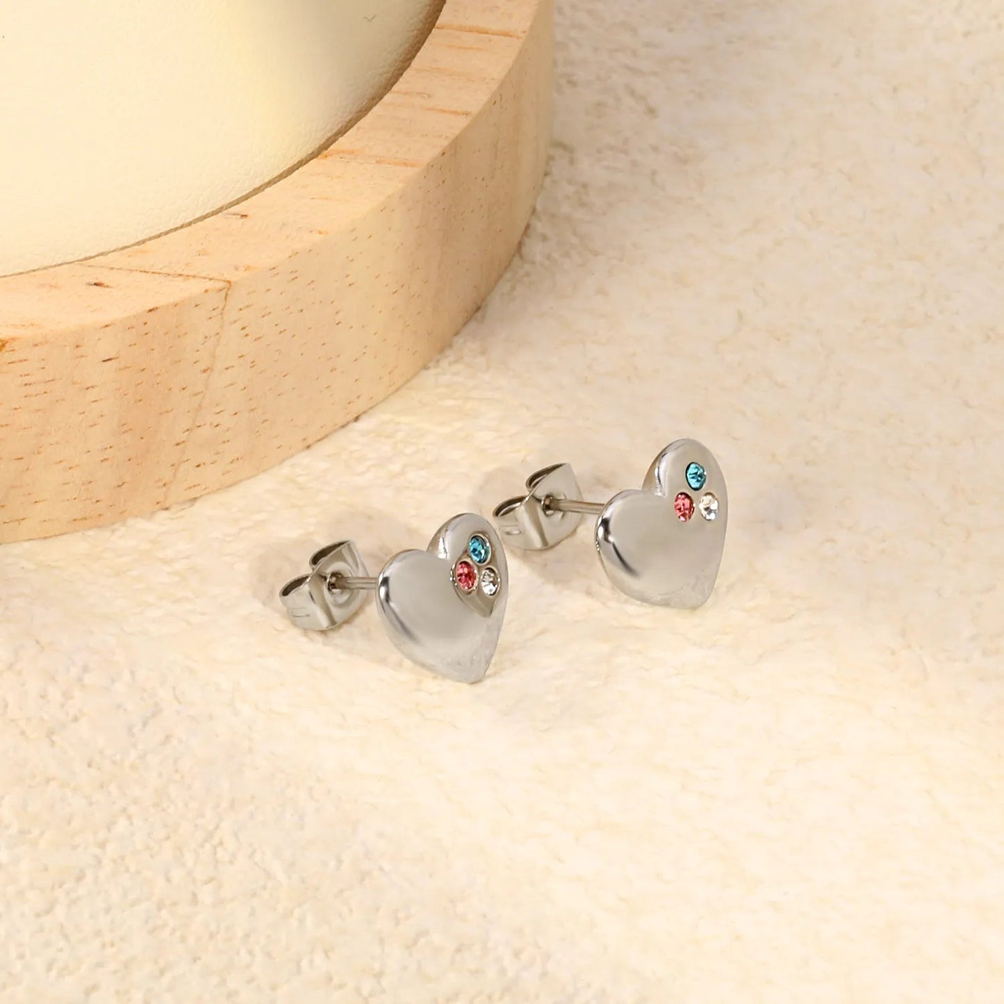 Multi Color Three Zircon Cluster Heart Stud Earrings Stainless Steel