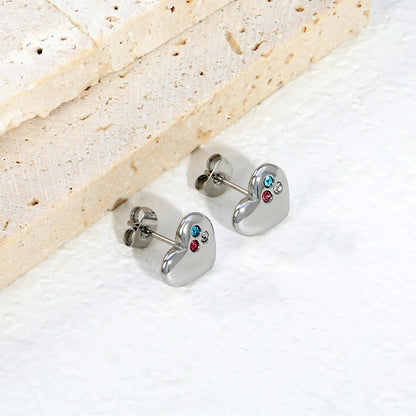 Multi Color Three Zircon Cluster Heart Stud Earrings Stainless Steel