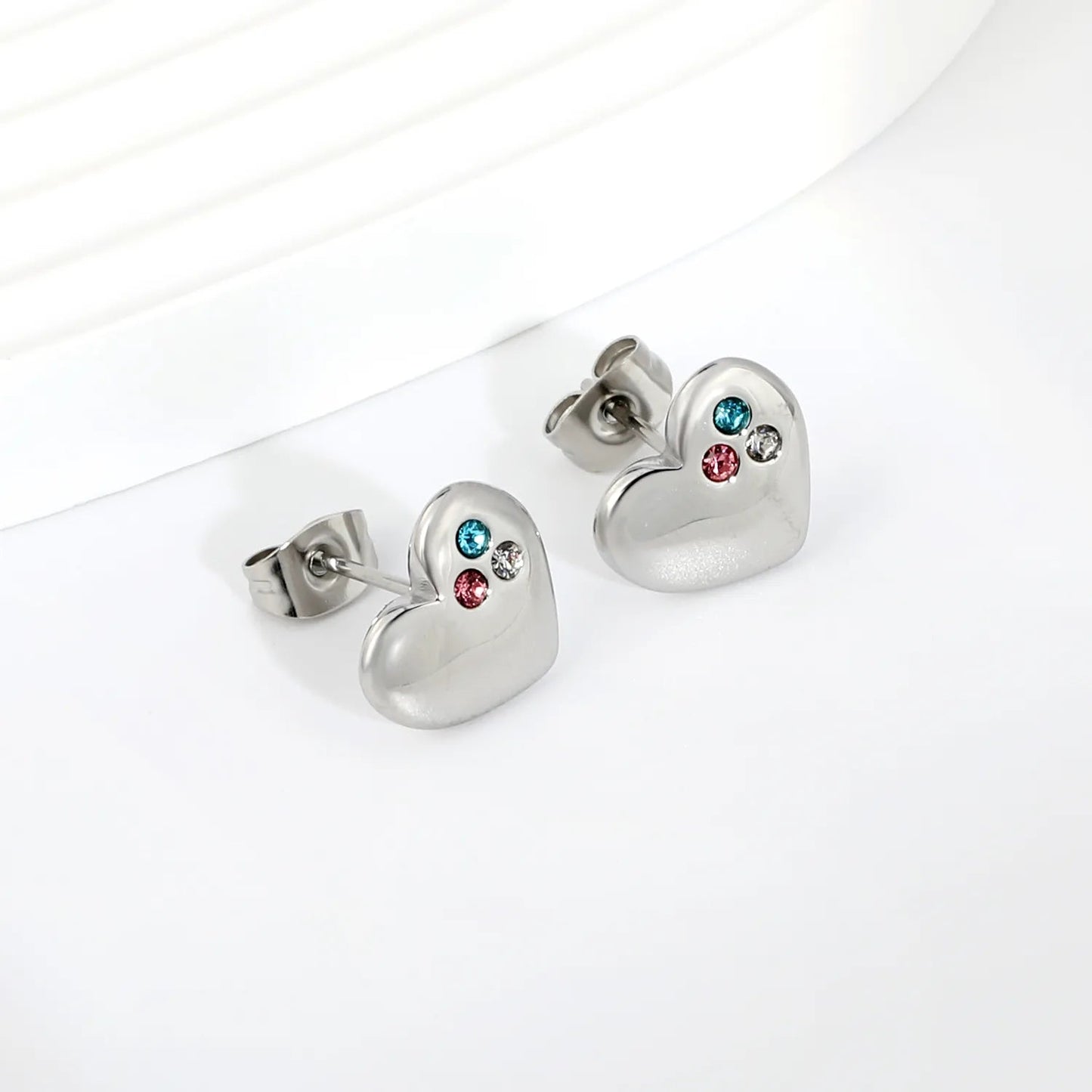 Multi Color Three Zircon Cluster Heart Stud Earrings Stainless Steel