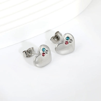 Multi Color Three Zircon Cluster Heart Stud Earrings Stainless Steel