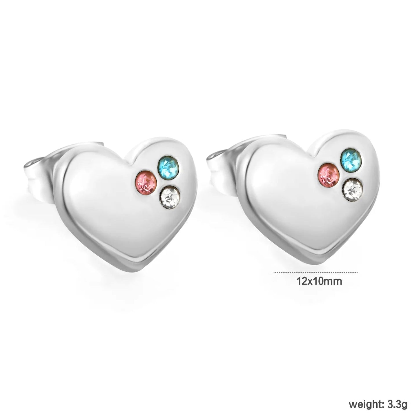 Multi Color Three Zircon Cluster Heart Stud Earrings Stainless Steel