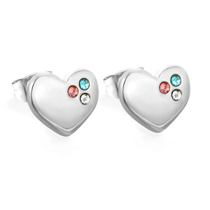 Multi Color Three Zircon Cluster Heart Stud Earrings Stainless Steel