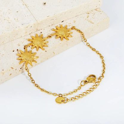 Waterproof 304L Steel Triple Sunflower Relief Pendant Chain Bracelet