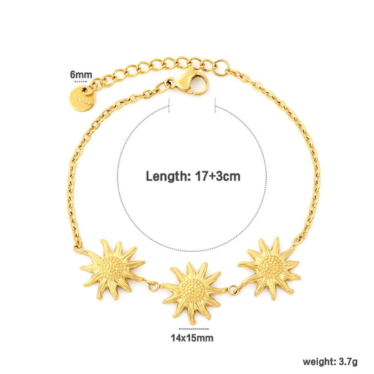 Waterproof 304L Steel Triple Sunflower Relief Pendant Chain Bracelet